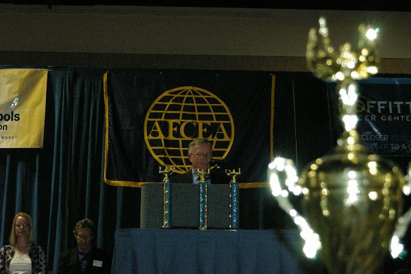 Capt. Gerry Slevin, USN, chapter president, speaks at the Hillsborough Regional STEM Fair in Tampa, Florida, sponsored by the chapter in February.